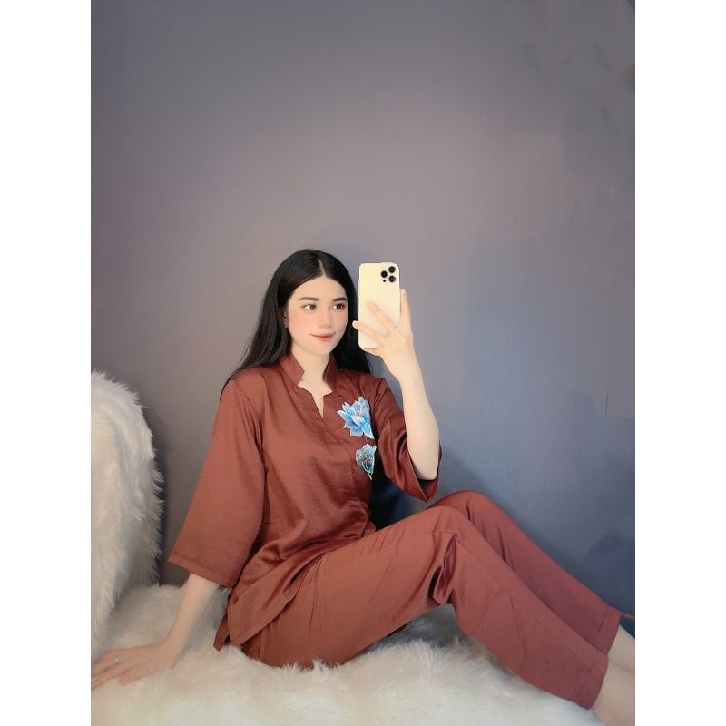 Sét Bộ Đồ Lam Đi Chùa - Đồ Lam Phật Tử thêu hoa sen cột dây eo Cao Cấp