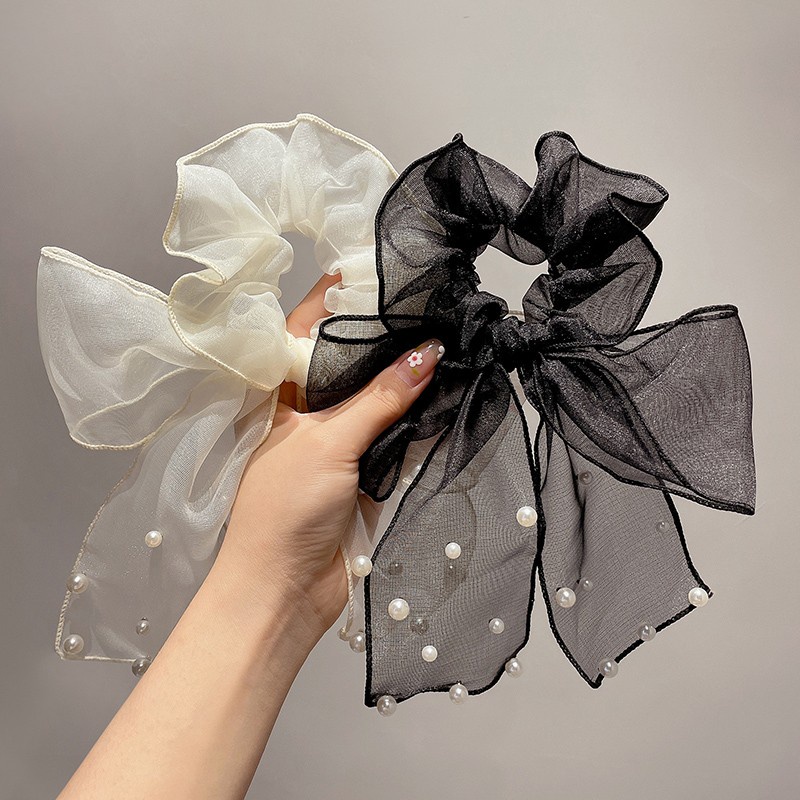 Dây Buộc Tóc Thắt Nơ Vải Lưới Họa Tiết Chấm Bi Đính Ngọc Trai Thời Trang Mùa Hè