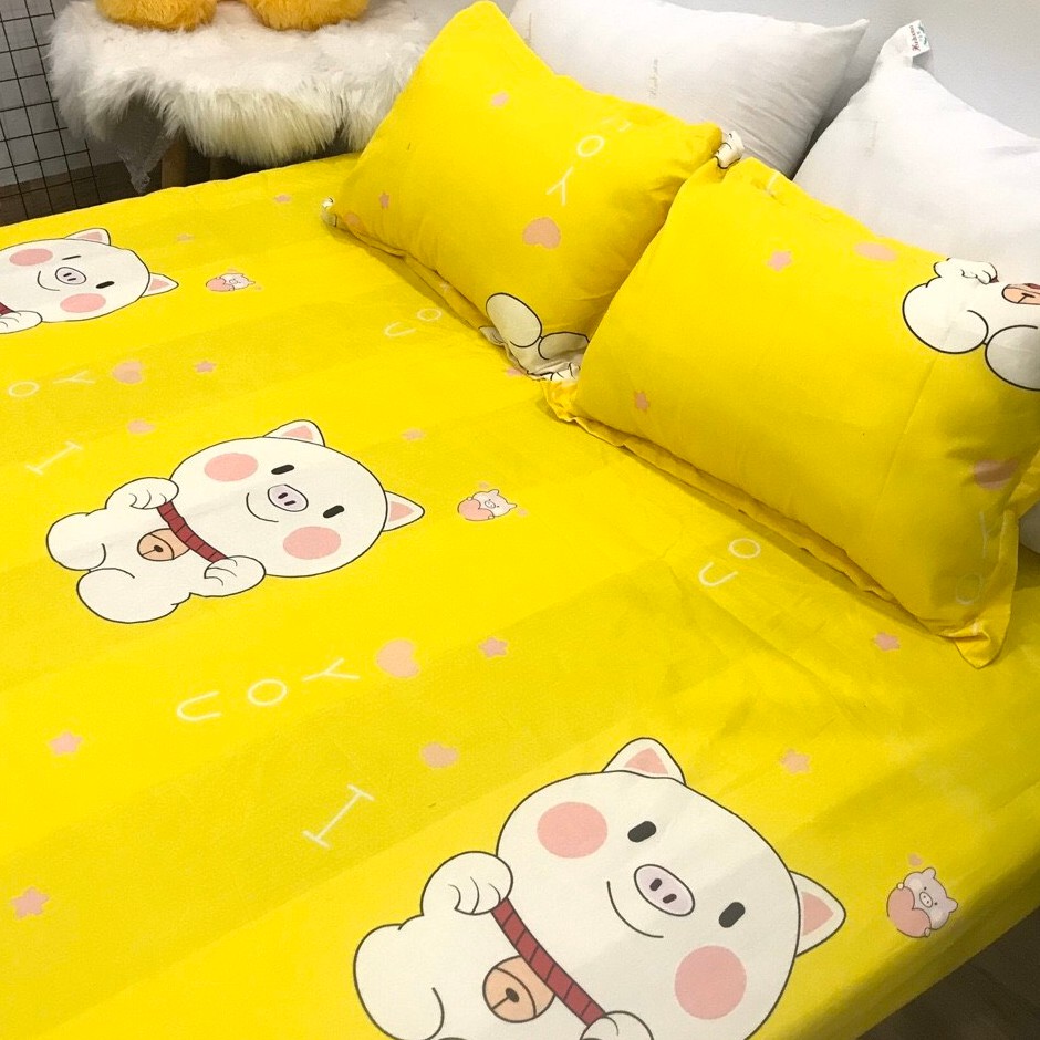 Bộ Ga gối Cotton Poly 3 Món Mẫu Lợn Vàng