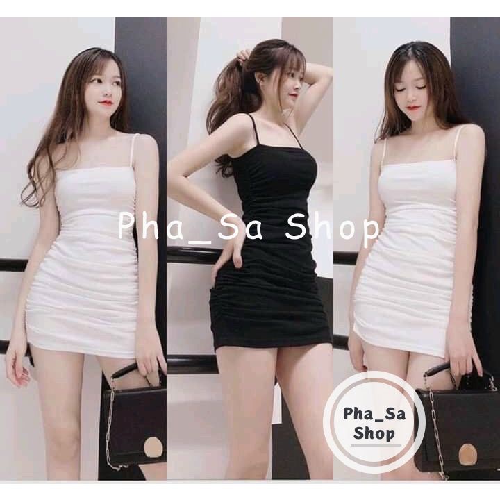 Váy Body Đen Đầm 2 Dây Nhún Thân Hở Lưng Phối Dây Phong Cách Sexy Gợi Cảm