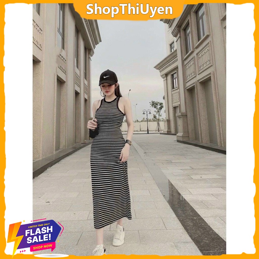 Đầm thun ôm body không tay cổ tròn kẻ sọc ngang 2 màu trắng đen
