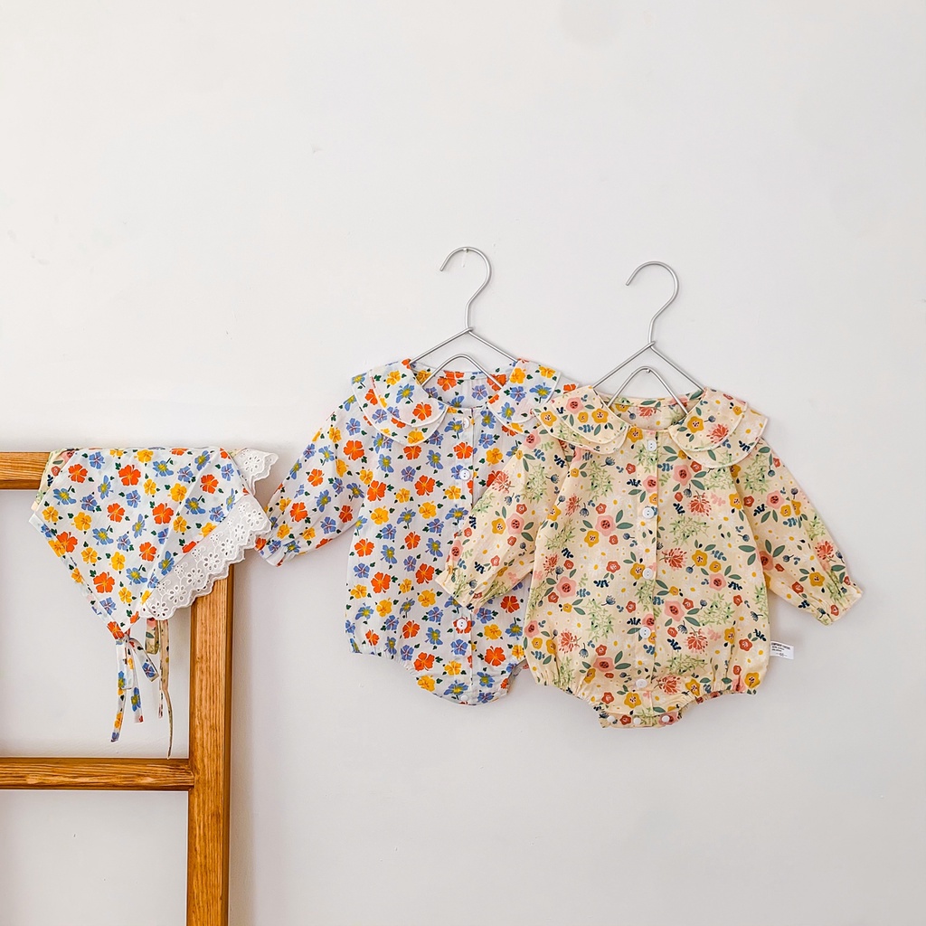 Bộ áo liền quần + mũ in hoa xinh xắn cho bé gái sơ sinh