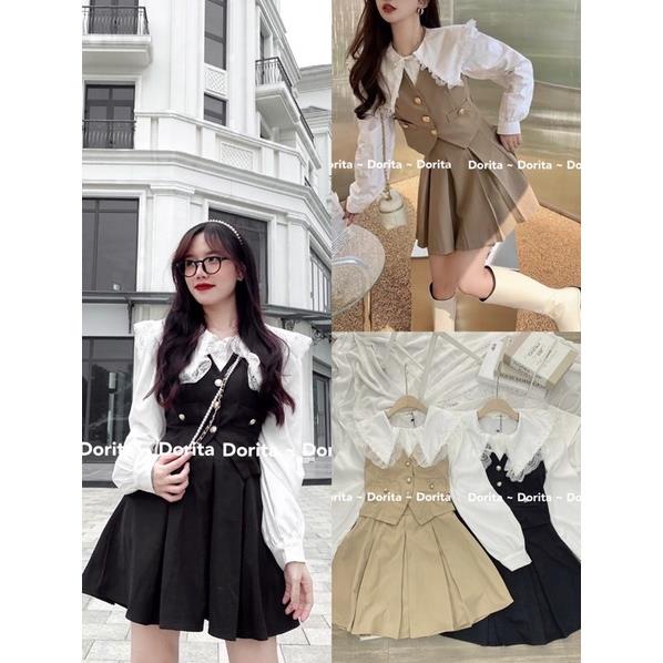 Set 3 chi tiết kaki 2 da, Áo sơ mi cổ ren, gile rời kèm chân váy xòe - Dorita Boutique