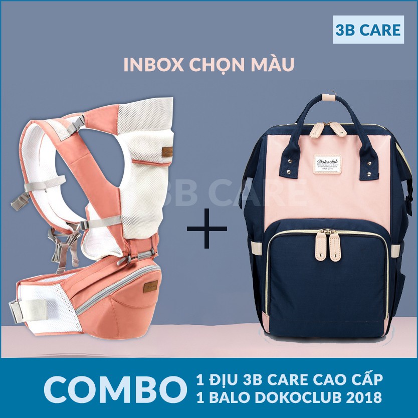 COMBO Địu ngồi cao cấp 3BCARE + Balo bỉm sữa DOKOCLUB 13 ngăn