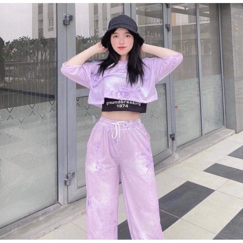 Set bộ loang màu cute quần bo gấu kèm 2 áo croptop