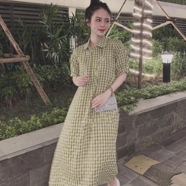 Váy sơ mi nữ dáng dài NHẬT LINH đầm suông nữ kẻ caro hồng sang chảnh hottrend xinh xắn - V151