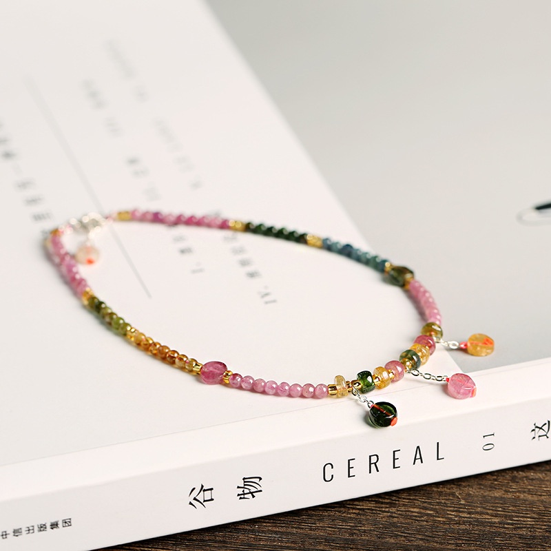 [Hàng Mới Về] Lắc Chân Bạc S925 Đính Hạt Tourmaline Tự Nhiên Thời Trang Xuân Hè Cho Nữ