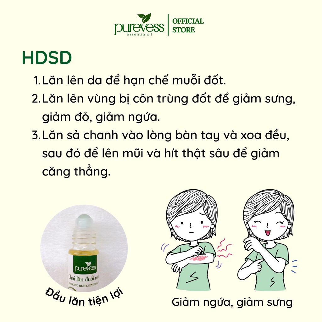 Chai lăn đuổi muỗi Purevess, hương sả chanh giúp đuổi muỗi và làm giảm vết sưng 10ml