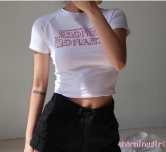 Áo Croptop Tay Ngắn Cổ Tròn Họa Tiết In Chữ Cho Nữ