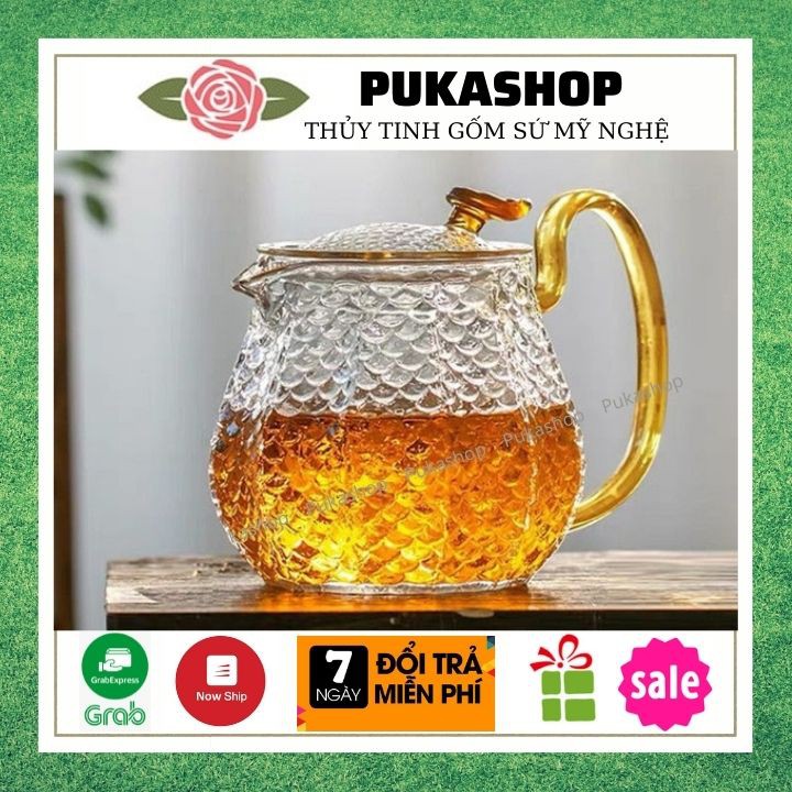 Ấm Trà Thủy Tinh Chịu Nhiệt Cao Cấp, Bình Trà Có Lõi Lọc, Ấm Thủy Tinh Vẩy Cá Size 600ml Puka A21