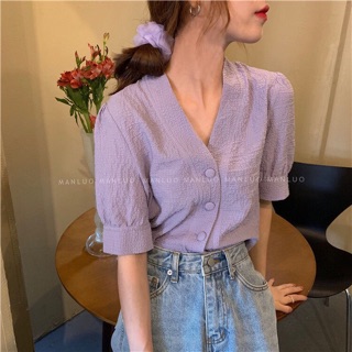 [Order] áo sơmi cổ V nút bọc ulzzang