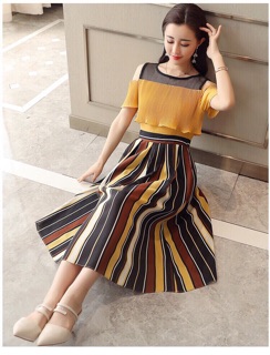Đầm tùng sọc rớt vai