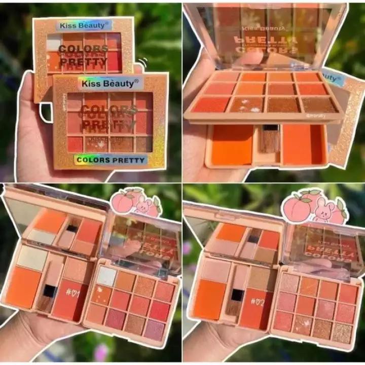 [3in1] Phấn mắt 12 Ô Màu Nhũ Lì & Má Hồng Hightlight Kiss Beauty Color Pretty Eyeshadow & Blusher No.87117