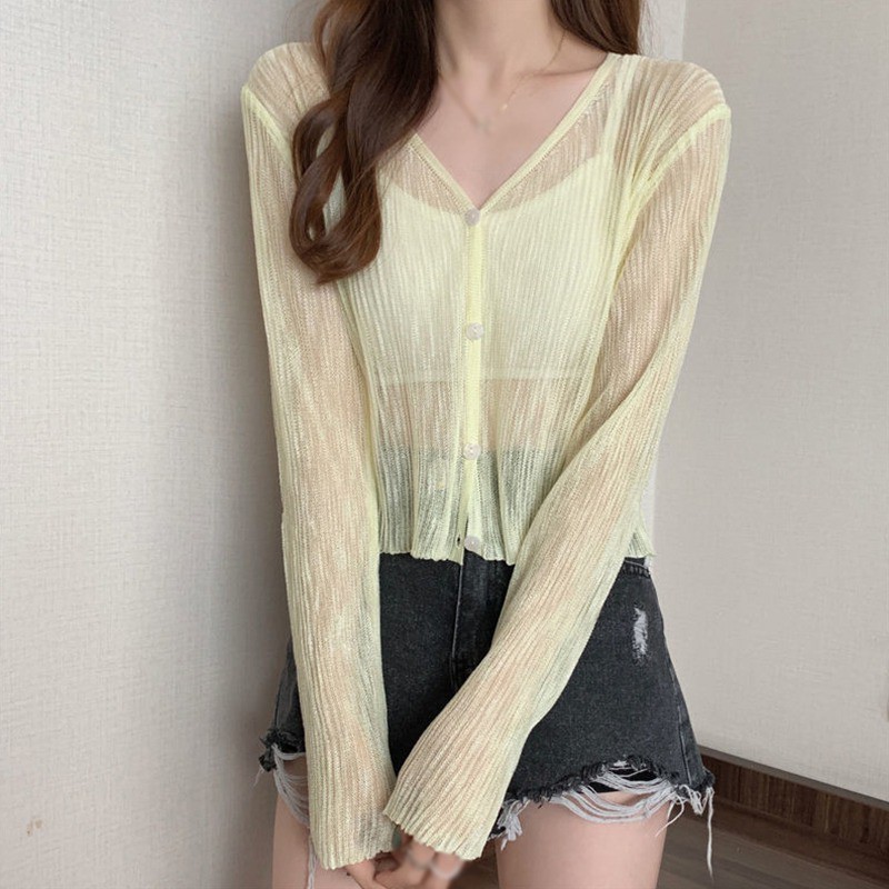 Áo dệt kim tay dài cổ chữ v thời trang mùa hè thích hợp cho nữ