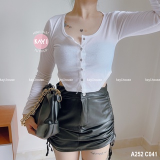Áo Croptop Body Vạt Bầu Cổ U Tay Dài KAYI HOUSE Khoét Eo Cao Cúc Bấm - A252