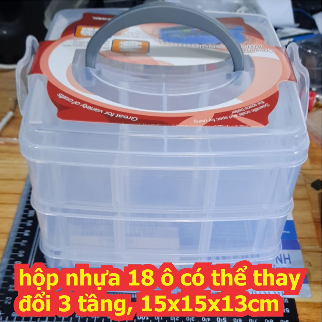 hộp nhựa đựng linh kiện, ốc vít…18 ô 3 tầng có thể thay đổi, 15x15x13cm kde6791