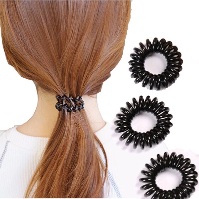 Dây buộc tóc nhựa dạng lò xo xoắn màu đen gọn gàng dành cho nữ