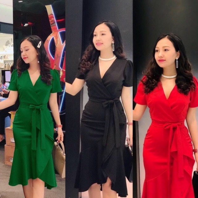 Đầm váy thun cổ tim vạt chéo tay phồng đi làm, đi tiệc, đi chơi đều được (có nhiều màu và kích thước)