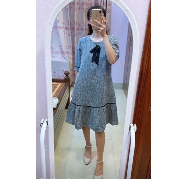 Váy bầu Thu Đông, chất dạ, có nơ cách điệu duyên dáng - 𝐕𝟔𝟕