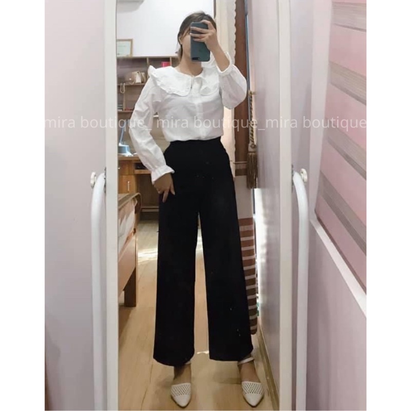 Quần ống rộng dáng suông khóa kéo sườn 3 màu đen, be, trắng công sở