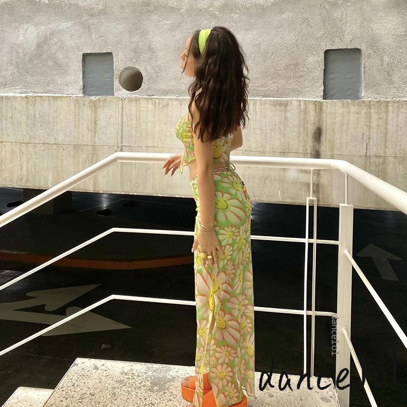 Set Áo Hoa + Chân Váy Dài Xẻ Tà 1O1 Cho Nữ