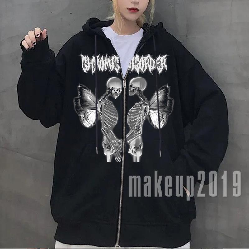 Mu-màu-k Áo Khoác Sweatshirt Chui Đầu Có Khóa Kéo In Họa Tiết Bướm Phong Cách Gothic Punk Harajuku Grunge Y2k Dành Cho Bạn Nữ