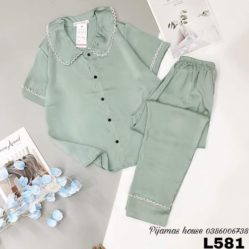 Bộ Pyjama Tay Cộc Quần Dài Viền Ren - Hàng thiết kế có size