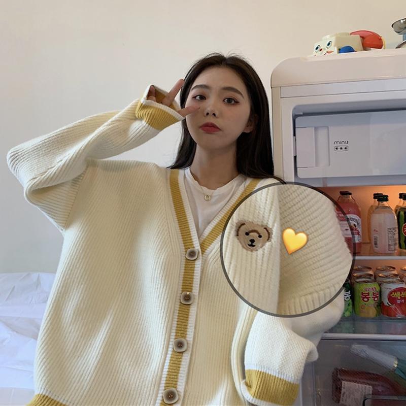 Áo khoác cardigan dệt kim tay dài cổ chữ V thêu họa tiết gấu phong cách Hàn Quốc thời trang mùa thu cho nữ