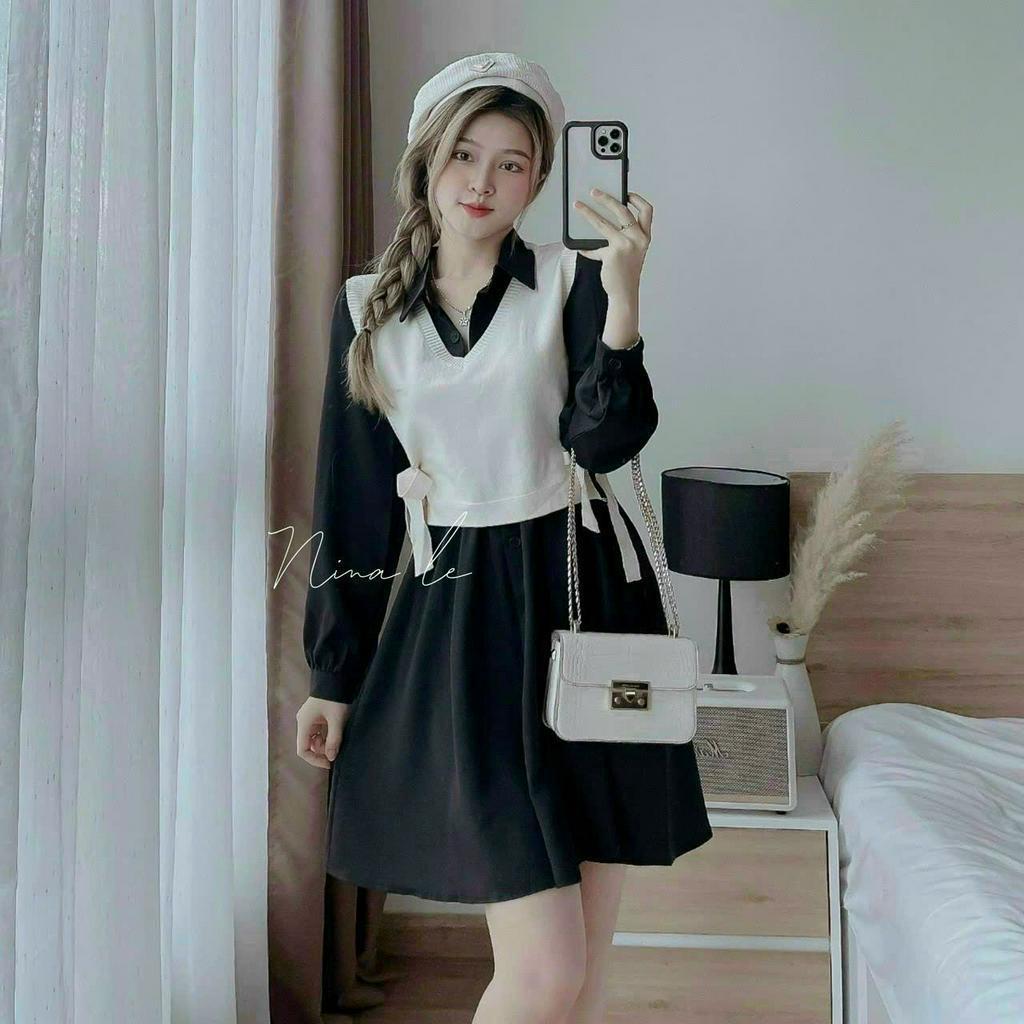 Đầm dự tiệc thời trang nữ sang chảnh chất áo gân cổ sơ mi nơ eo tay áo dài váy cotton lạnh xoè midi siêu xinh