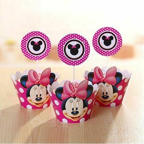 24pcs Cartoon Mickey Minnie Mouse Cupcake Wrappers Toppers pick Kids Cake cups