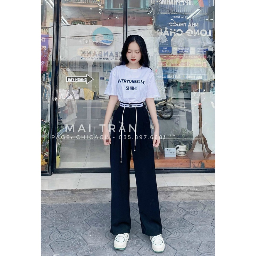 Quần ống rộng nữ cạp chun thun sau dây rút màu đen dáng dài chất Fos hàn khuy cài Quần tây nữ lưng cao ống suông đi học