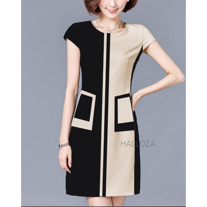 Đầm đen phối màu nude co giản