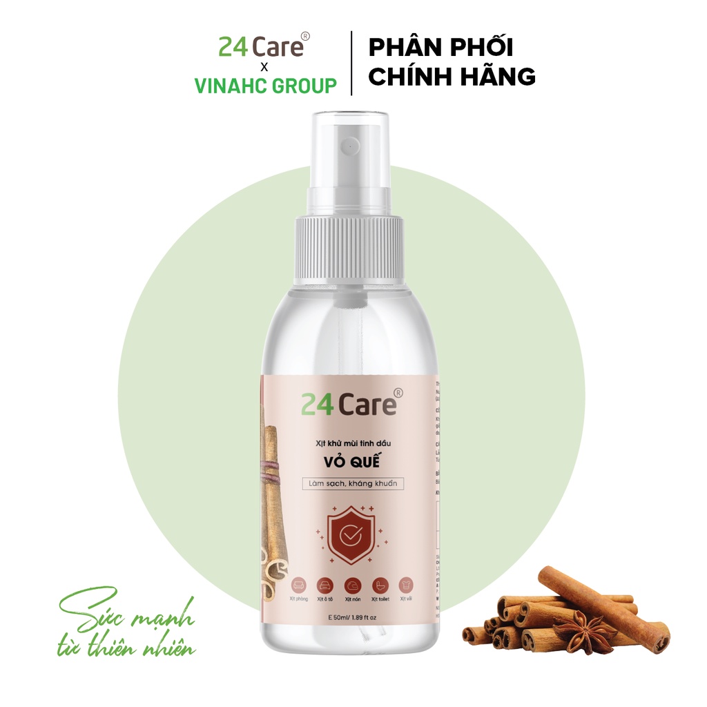 Xịt Phòng Tinh Dầu Quế Hữu Cơ Organic 24Care 50ML - Kháng khuẩn - Khử mùi hôi - Đuổi muỗi, côn trùng - Định tâm