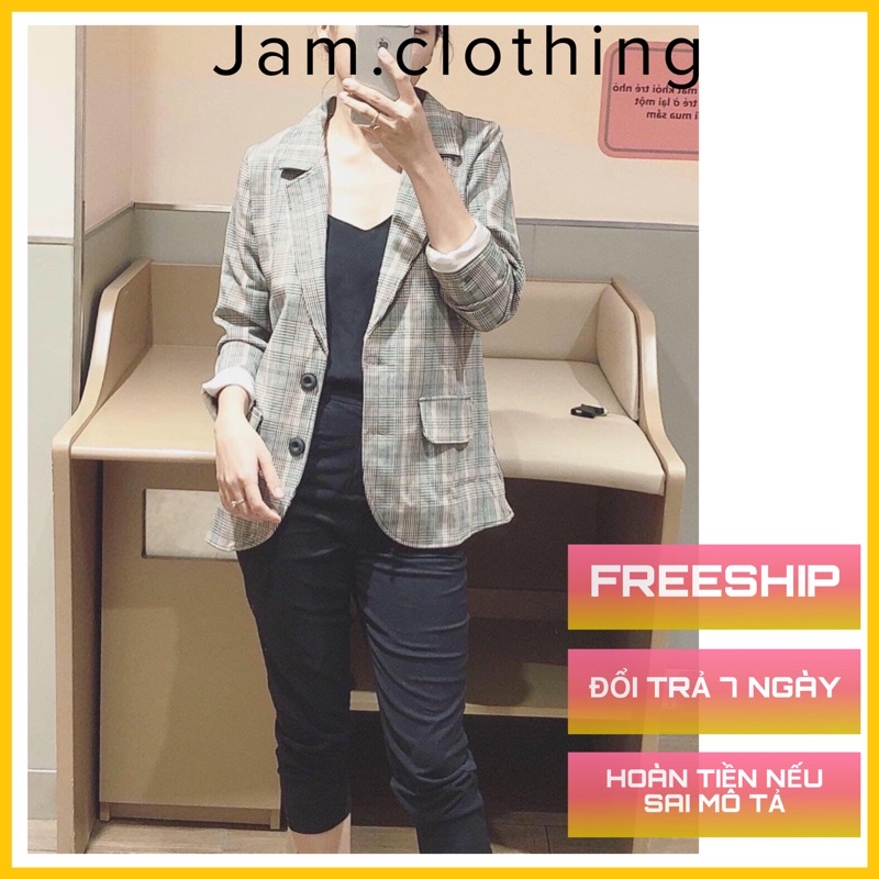 Áo Blazer Nữ 2 Lớp Hàn Quốc Kẻ Caro Trơn Tay Dài Chuẩn Form