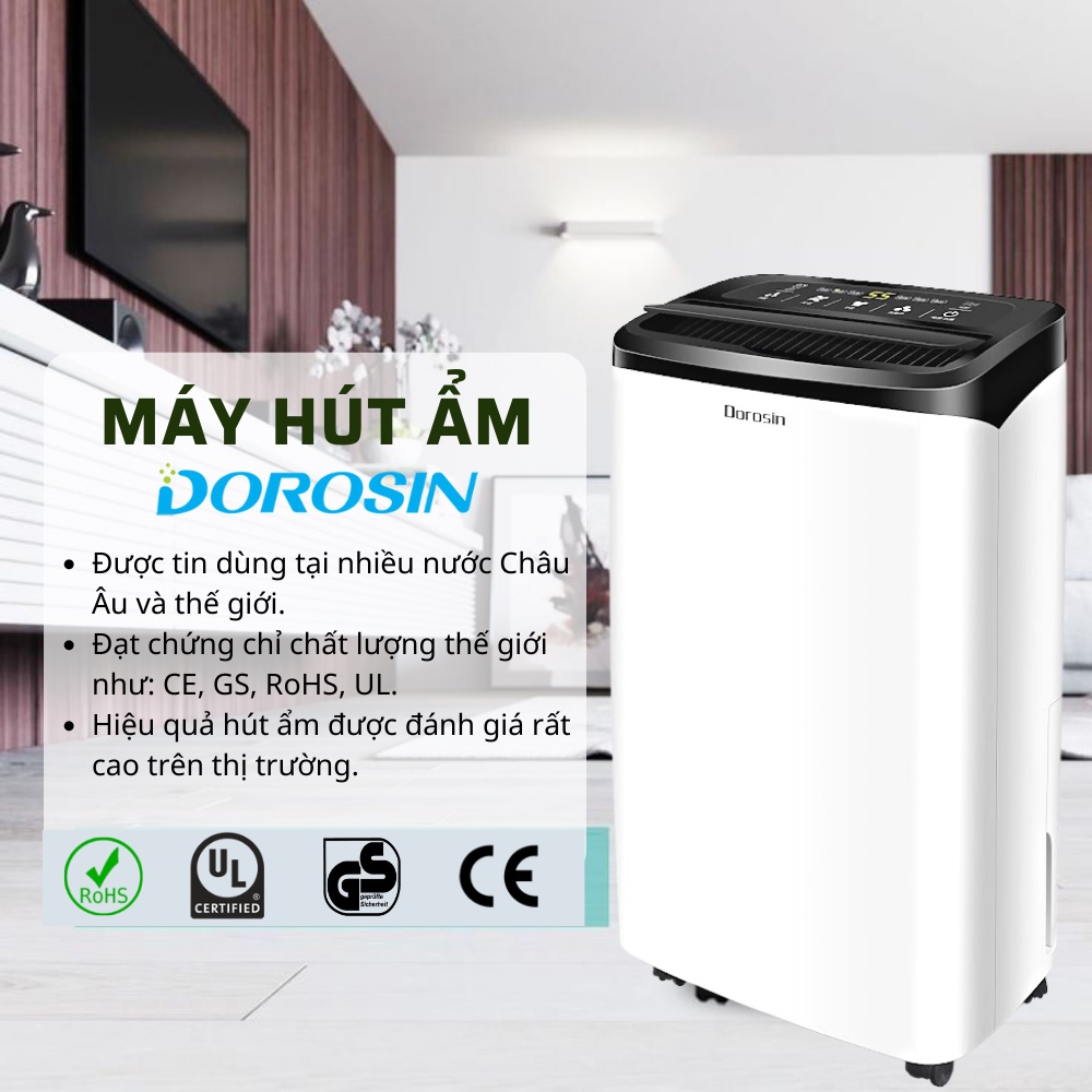 Máy hút ẩm không khí lọc kháng khuẩn Dorosin gia dụng phòng ngủ 20-30 m2 công suất 18 lít/ngày ER-618 bảo hành 2 năm