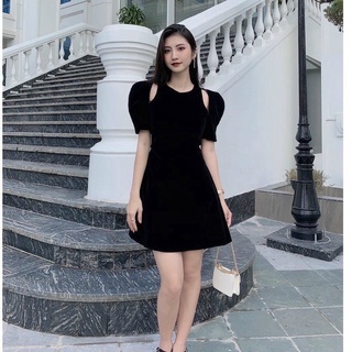 Đầm xòe umi hai màu cổ tròn khoét vai tay