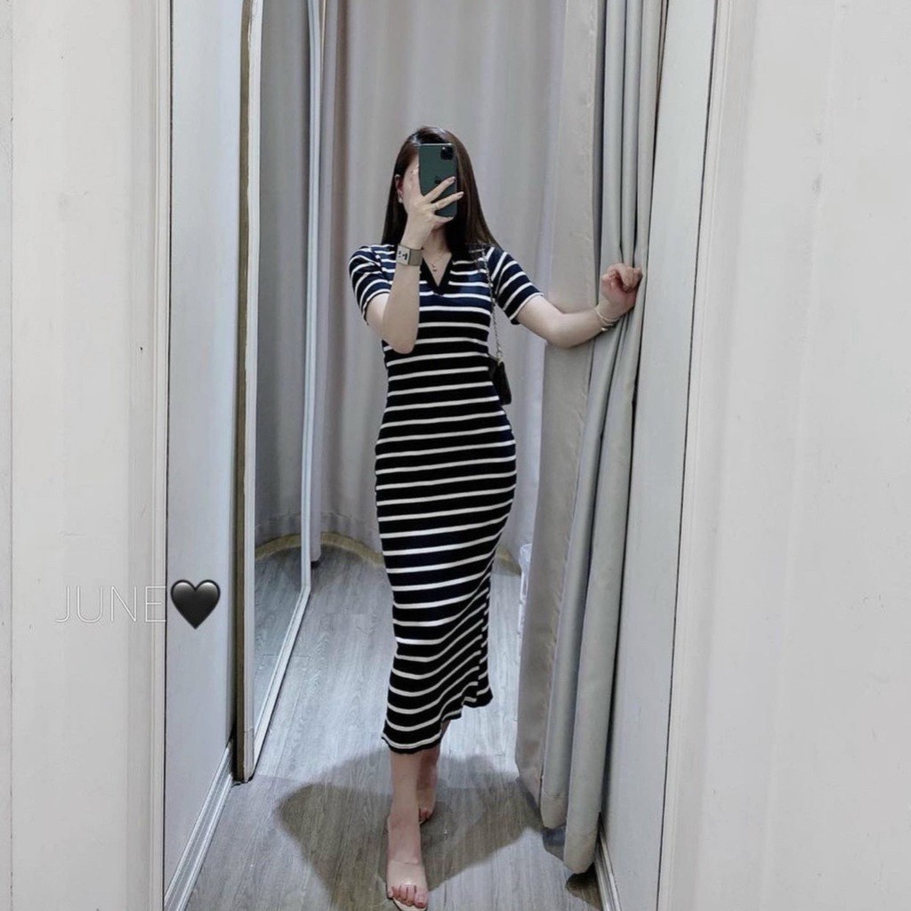 Đầm polo nữ ngắn tay dáng maxi dài, Váy body nữ dáng ôm ngắn thiết kế kẻ ngang cổ bẻ ngắn tay trẻ trung vintage đẹp rẻ