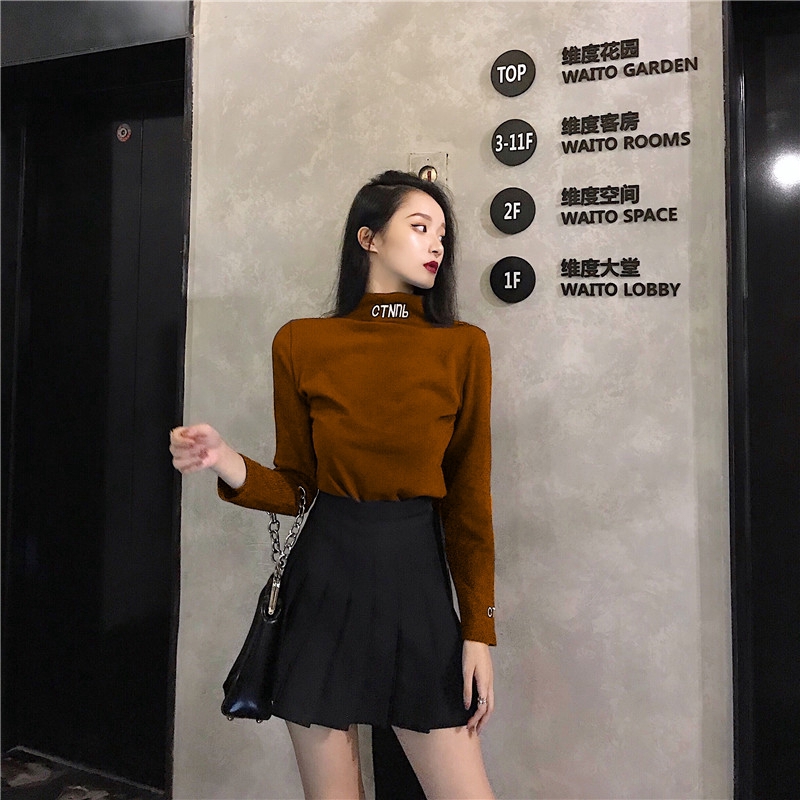 Áo thun nữ cổ lọ tay dài màu trơn đơn giản thời trang Hàn Quốc