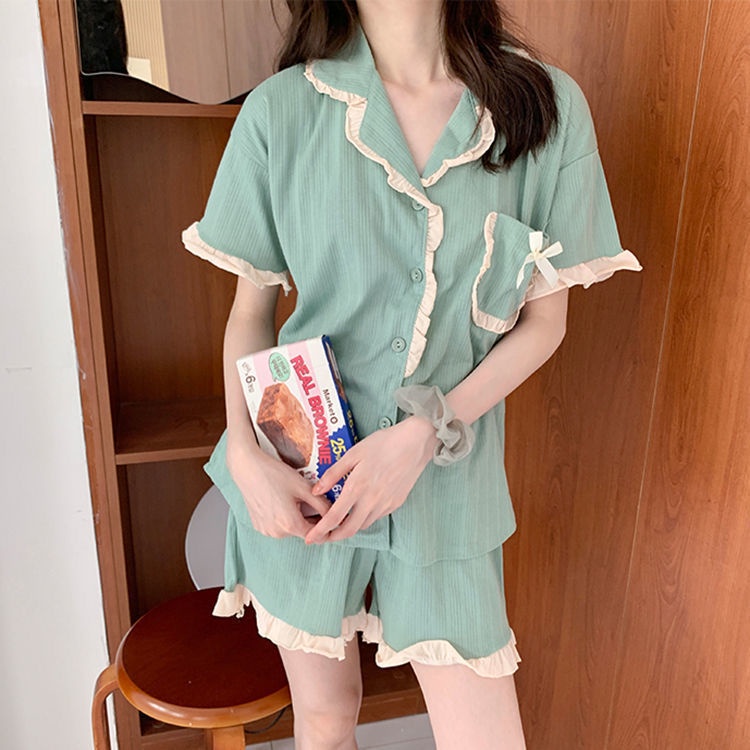 Bộ Đồ Ngủ Tay Ngắn Cổ Búp Bê Dễ Thương Đơn Sắc Dành Cho Nữ