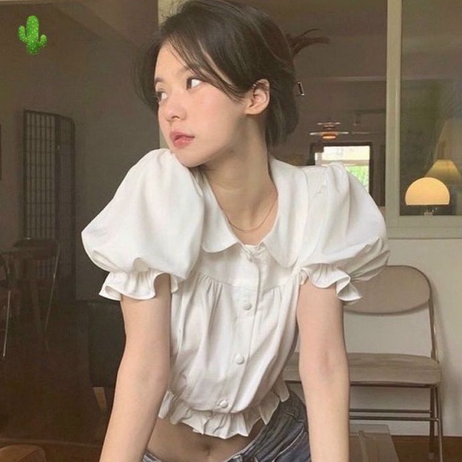 Áo sơ mi croptop kiểu tay ngắn cổ bẻ viền bèo New2022