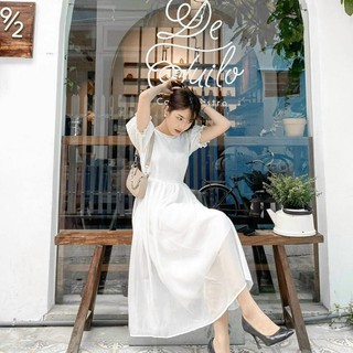 Váy trắng midi tay bồng nhẹ nhàng xinh xắn