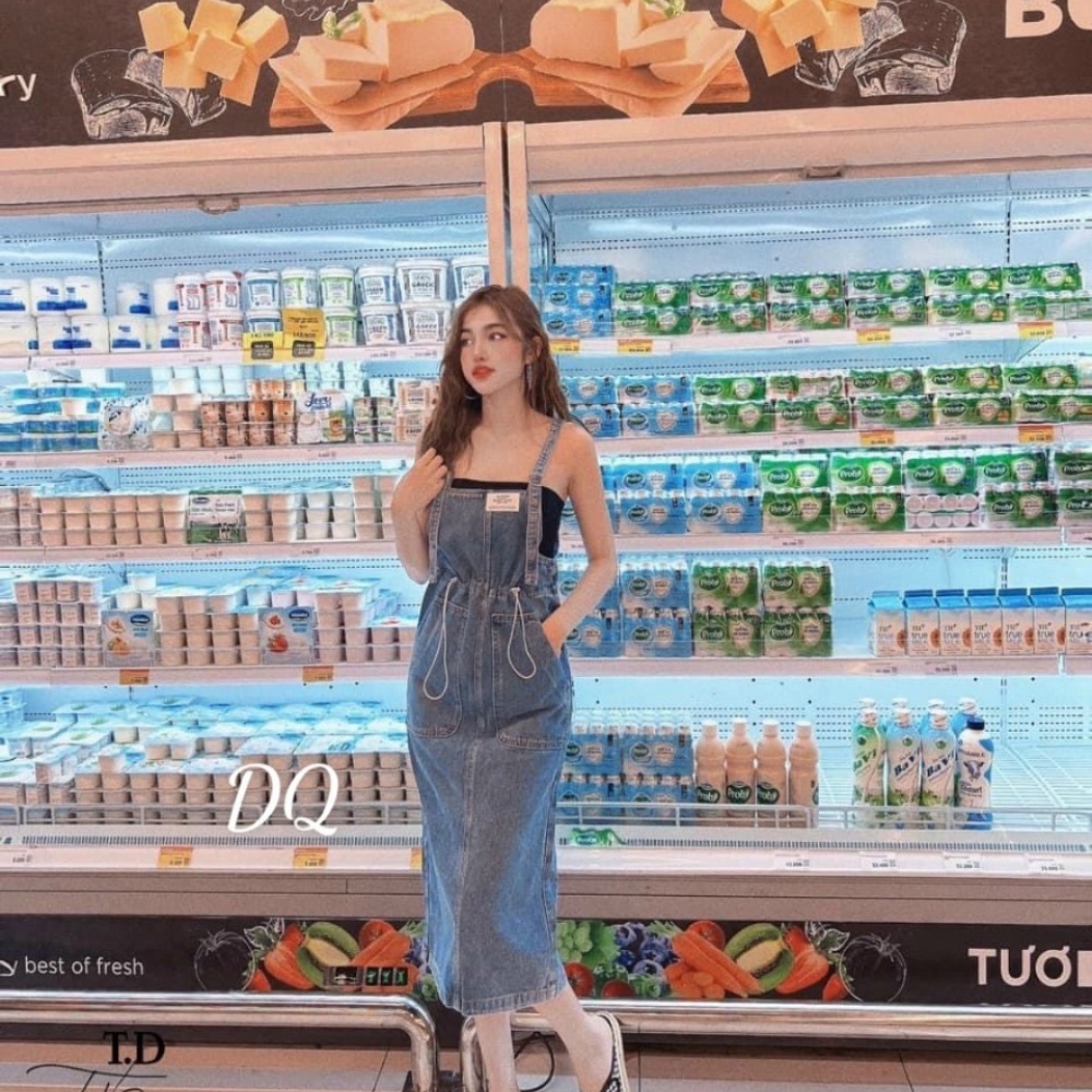 Yếm Váy Jean Nữ Chất Bò Form Dài Phối Dây Rút Eo Túi Phía Trước, Yếm Bò Nữ Phong Cách Hàn Quốc