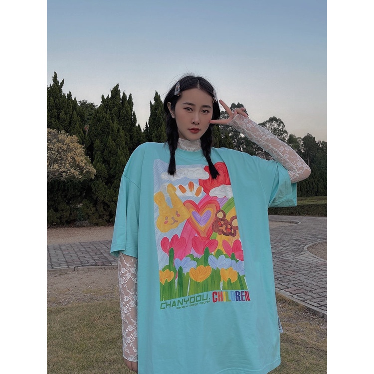 Áo Thun Cotton Tay Ngắn Dáng Rộng In Họa Tiết Tranh Sơn Dầu Kiểu Retro Hàn Quốc Thời Trang Xuân Hè Cho Nữ