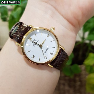 Đồng Hồ Nữ Dây Da Qianba Thời Trang Cao Cấp Viền Vàng Mặt Trắng
