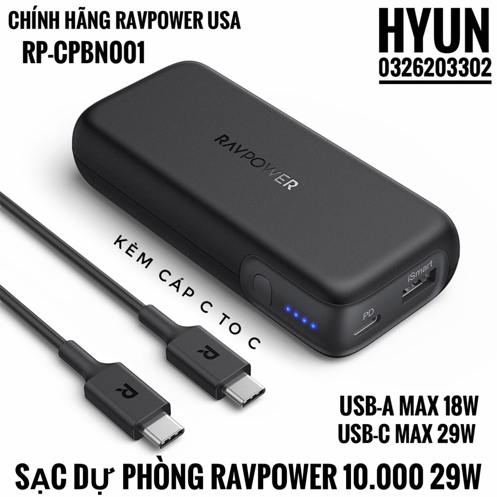 Sạc Dự Phòng RavPower 10.000 29w (RP-CPBN001) - Chính Hãng