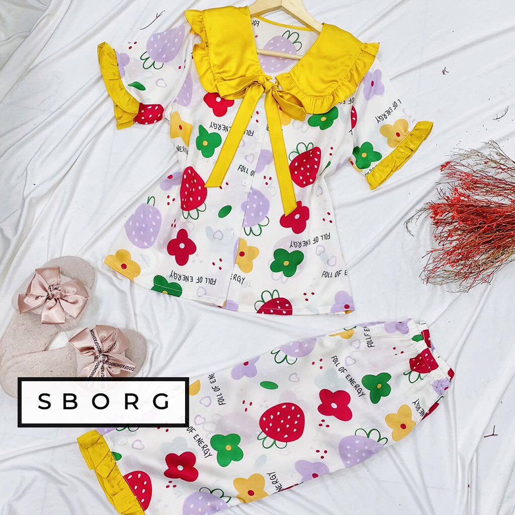 Bộ lửng mặc nhà SBORG đồ ngủ lụa satin cao cấp áo cổ bèo nơ dễ thương cute quần lửng freesize dưới 55kg quà tặng vợ