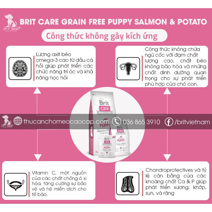 [VỊ CÁ HỒI TÚI 3KG]Thức Ăn Cho Chó Becgie Giai Đoạn Dưới 12 Tháng Tuổi Brit Care Grain-Free Puppy Salmon & Potato