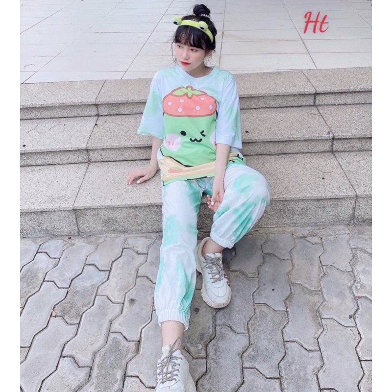 bộ thun loang màu quần jogger chun gấu in khùng Long xanh ht