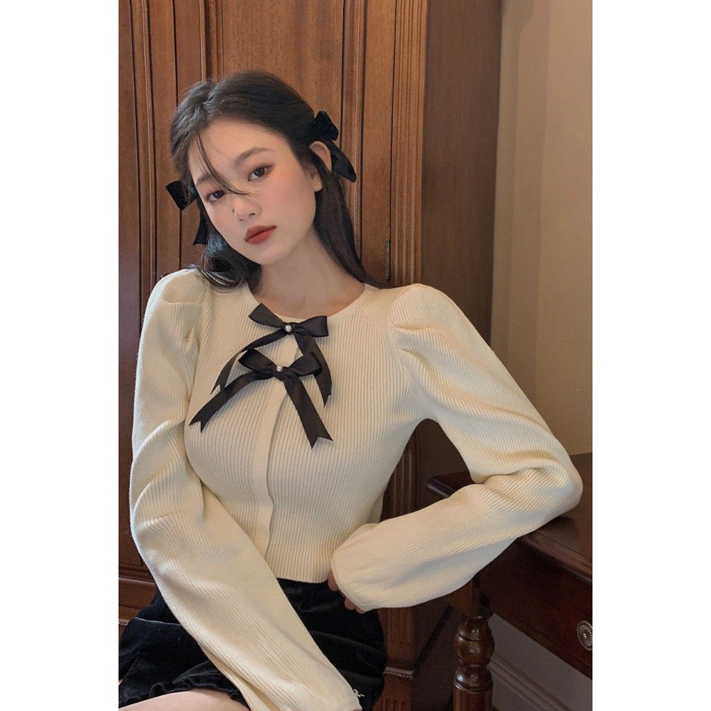 Áo len dáng ôm nơ cổ tay bồng nữ tính công chúa ulzzang A01 - Có ảnh thật