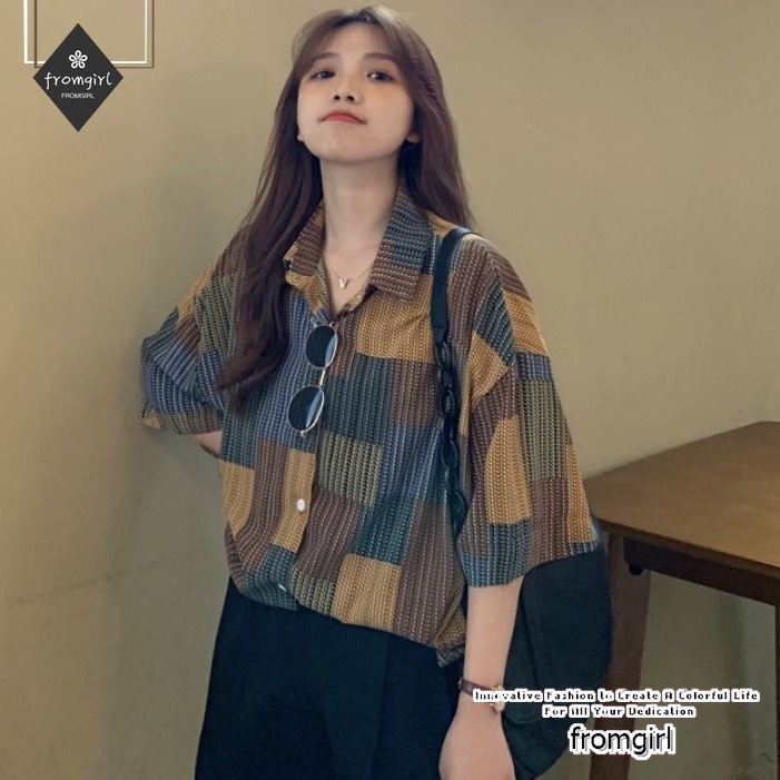 Áo Sơ Mi Ngắn Tay Dáng Rộng Họa Tiết Sọc Kẻ Ô Phong Cách Retro Hàn Quốc Dành Cho Nữ
